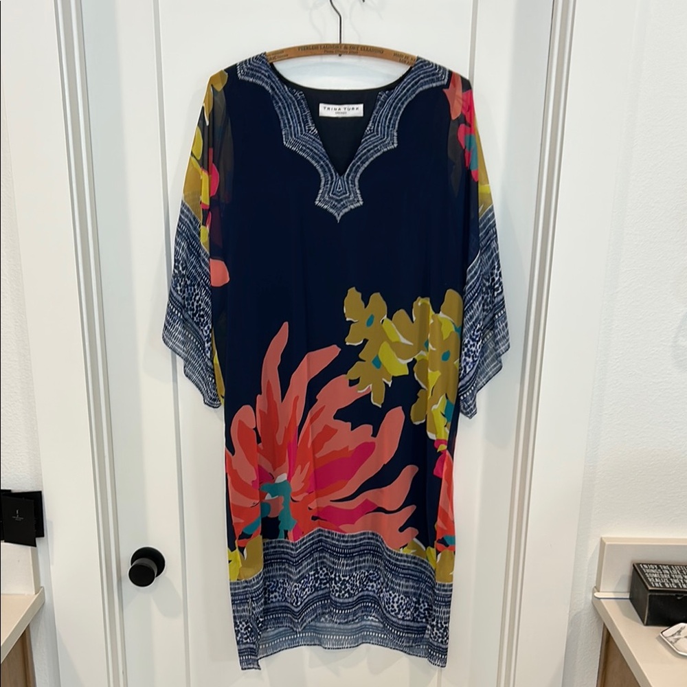 Trina Turk Red and Yellow Resort Dress with Crew Neck